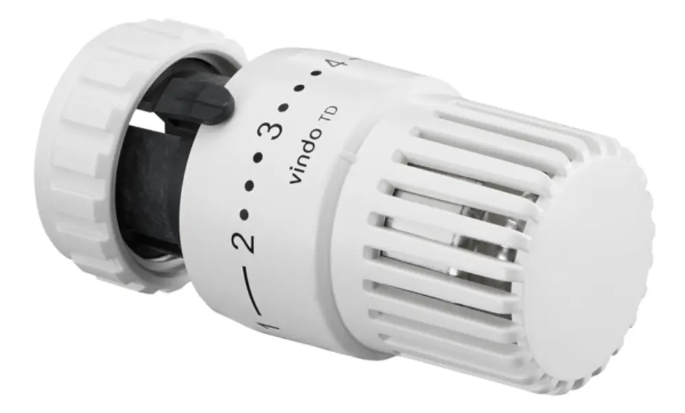 Weißer Oventrop-Thermostat mit Drehregler und Flüssigfühler, geeignet für Danfoss-Thermostatventile, mit Temperaturbereich von 7 bis 28 Grad Celsius.
